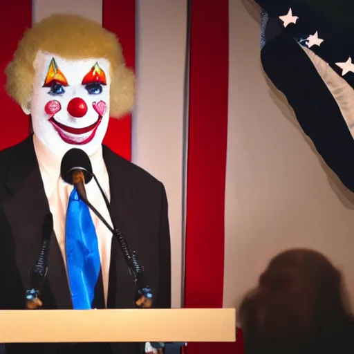 Image similar to string puppet of a president with clown makeup in a podium and a human shadow behind