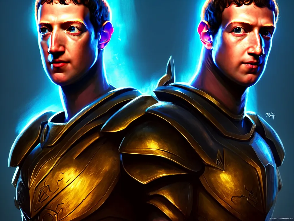 Image similar to front centered symmetrical RPG avatar portrait, Mark Zuckerberg as paladin, ornate armour, dramatic lighting, cinematic, establishing shot, high detail, cinematic lighting, post processed, 8k, concept art, artstation, matte painting, in the style of eddie mendoza, raphael lacoste, alex ross