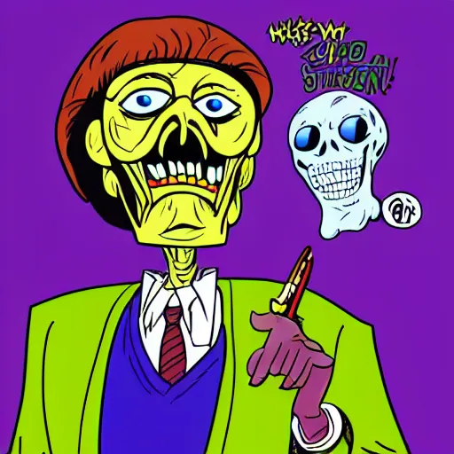 Image similar to larry - king dressed like skeletor comic - book drawing from mad - magazine pen and ink with full - color artwork, vector svg