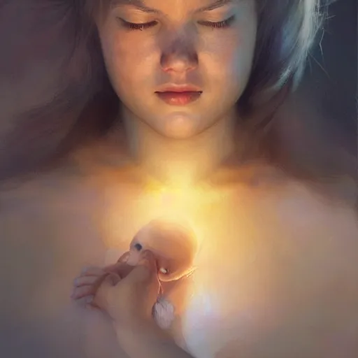Image similar to epic masterpiece of cinematographic hyperrealism where a heart of love appears inside the heart there is a mother hugging her son. realistic shaded lighting poster by craig mallismo, artgerm, jeremy lipkin and michael garmash, unreal engine, radiant light, detailed and intricate environment, digital art, art station trends