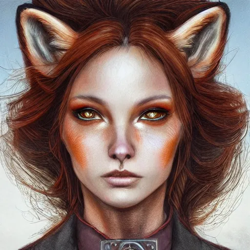 Image similar to realistic detailed face portrait of a fox detective by emilia dziubak, will terry, greg olsen, chris mars, ann long, and mark brooks, fairytale, female, feminine, art nouveau, illustration, character concept design, storybook layout, story board format