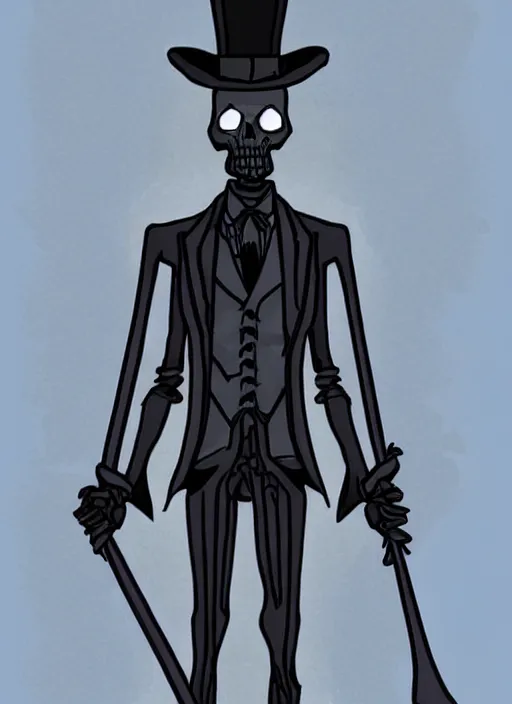 Image similar to DND character concept, skeletal male figure, wearing a deep black suit!!! and tie and top hat, holding a gold! cane!. Surrounded by light blue!!! flames!!