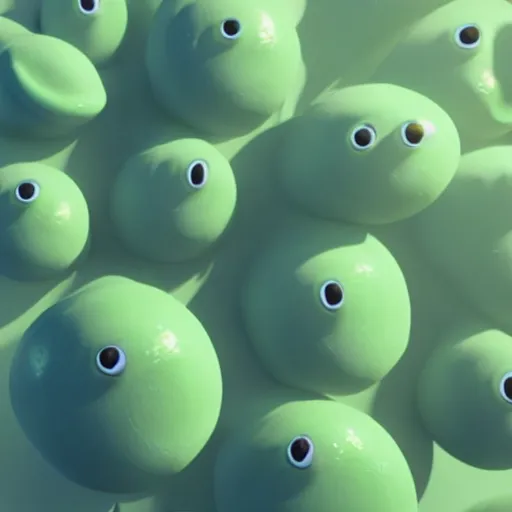 Image similar to a squishy green blob of slime filled with eyeballs supported by 100\'s of legs, 3d render, unreal engine, volumetric lighting