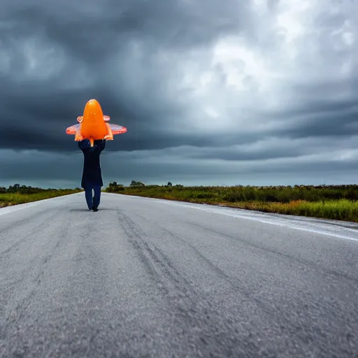 Image similar to 4 k hdr full body wide angle sony portrait of ron desantis riding on top of a flying nuclear missile with moody stormy overcast lighting