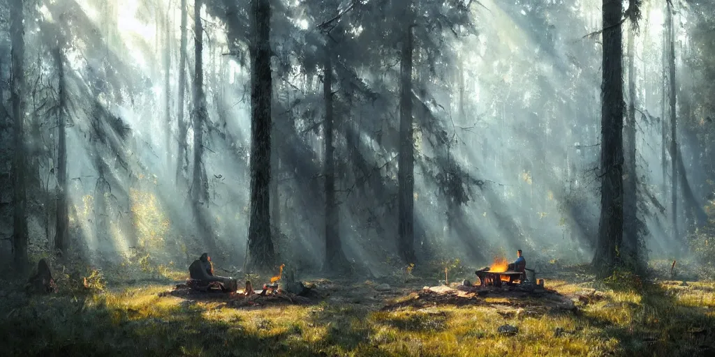 Prompt: A Craig Mullins oil painting of a hauntingly beautiful forest in the morning; a-weary-traveler-is-sitting-next-to-a-small-campfire; rays of light coming through the canopy; trending on artstation; extraordinary masterpiece!!!!!!; 8k