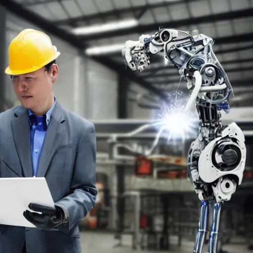 Prompt: A robotic arm is shown welding metal parts together in a factory. Businesspeople are shaking hands in front of a cityscape. A computer screen displays a diagram of a human brain. A person in a business suit is talking on a cell phone.