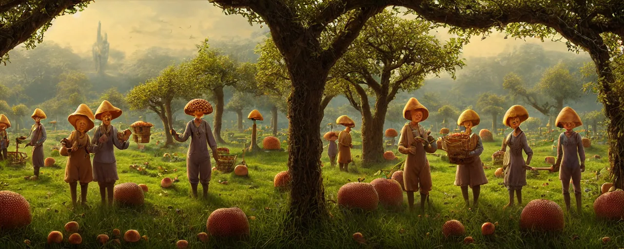 Prompt: portrait of symmetrical friendly mushroomfolk merchants, with detailed facial features, repairing an orchard, with fruit trees, supported by advanced stalks, near a galaxy, insanely detailed and intricate, golden ratio, elegant, ornate, elite, haunting, matte painting, cinematic, trending in cgsociety, unreal engine, 8k, miyazaki, vivid and vibrant