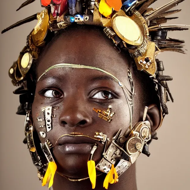 Prompt: a beautiful cyborg made of african ceremonial maske
