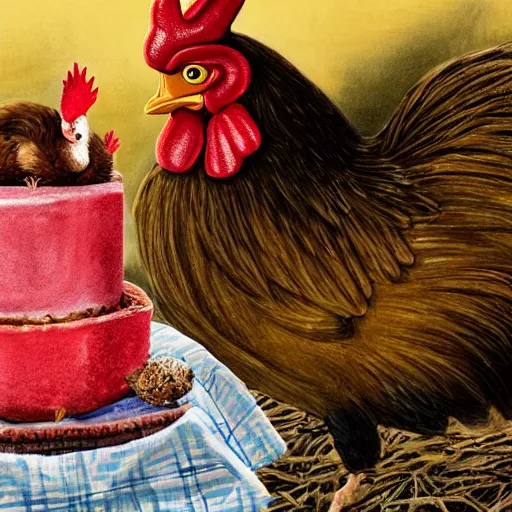 Prompt: a realistic detailed photo in a barnyard with a birthday cake between a newly-hatched baby chick and a large rooster