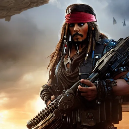 Image similar to ( ( captain jack sparrow ) ) in gears of war, splash art, movie still, cinematic lighting, dramatic, octane render, long lens, shallow depth of field, bokeh, anamorphic lens flare, 8 k, hyper detailed, 3 5 mm film grain