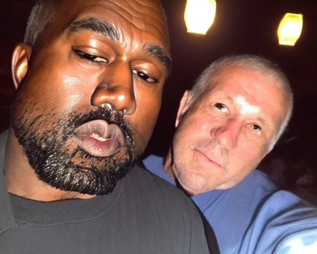 Image similar to my dad that looks like a poor version of Kanye West accidentally taking a selfie with the front camera, squinting because the camera flash is so bright in his face