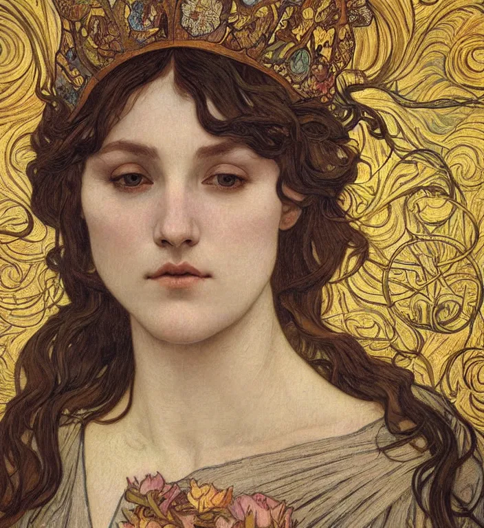 Image similar to detailed realistic beautiful young medieval queen face portrait by jean delville, alphonse mucha, vincent van gogh, and marco mazzoni, art nouveau, symbolist, visionary, gothic, pre - raphaelite