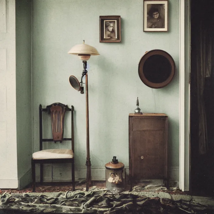 Image similar to kodak portra 4 0 0, wetplate, fisheye, award - winning portrait by britt marling, 1 9 2 0 s outside porch, ghost, picture frames, shining lamps, dust, smoke, 1 9 2 0 s furniture, wallpaper, carpet, books, muted colours, wood, fog,