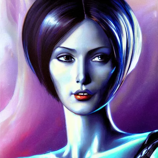 Prompt: digital portrait of cortana from halo, art by boris vallejo and julie bell