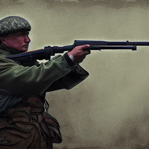 Image similar to putin with firearms, fighting in trenches somewhere in ukraine, highly detailed digital painting