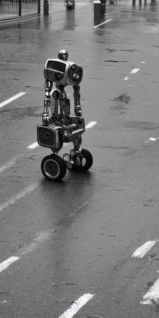 Image similar to robot on the road, city, photo, rain,