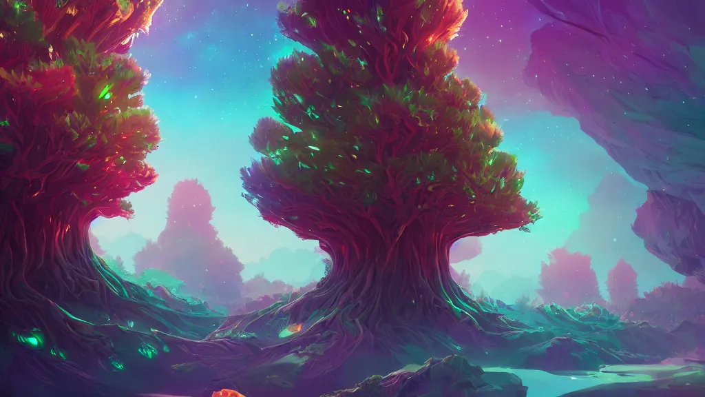 Image similar to multicolored iridiscent crystals growing on colossal everlasting trees, by sylvain sarrailh, rossdraws, ambient light, ultra detailed, fantasy artwork, 8 k, volumetric lighting, trending on artstation, award winning, very beautiful.