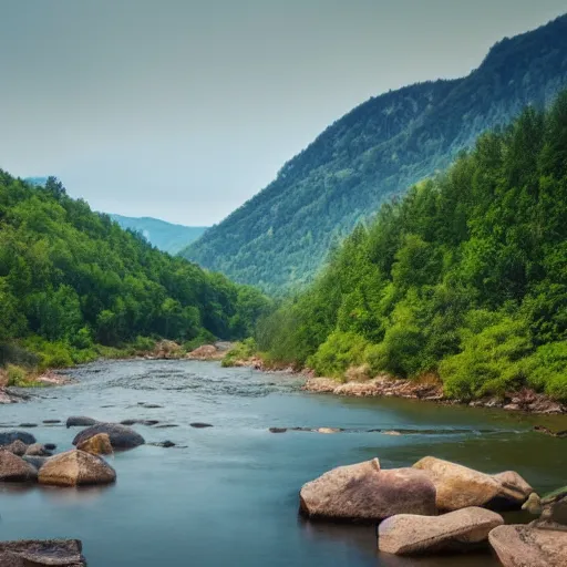 Prompt: a beautiful landscape, river, rocks, trees, polygonal