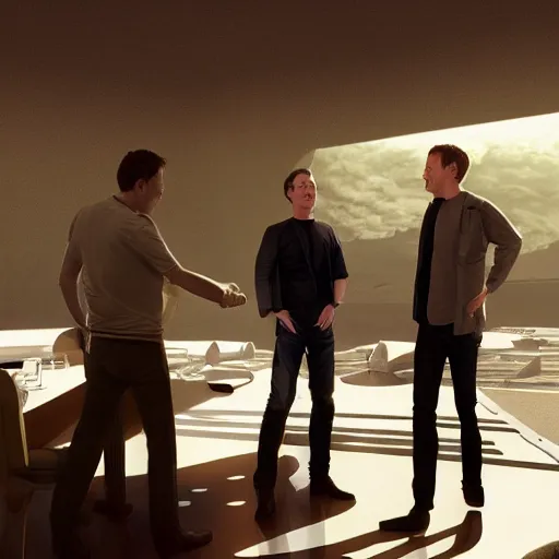 Prompt: Elon Musk, Mark Zuckerberg, Jeff Bezos secret meeting by Bruce pennington and Greg Rutkowski cgs society, very details, comic style, unreal engine, octane render, 8k