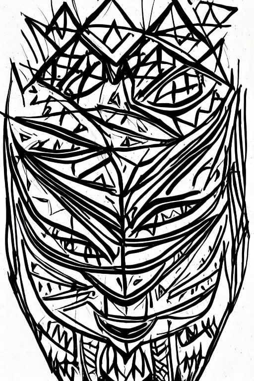 Image similar to single line sketch of elaborate tribal mask, scribble sketch, small details