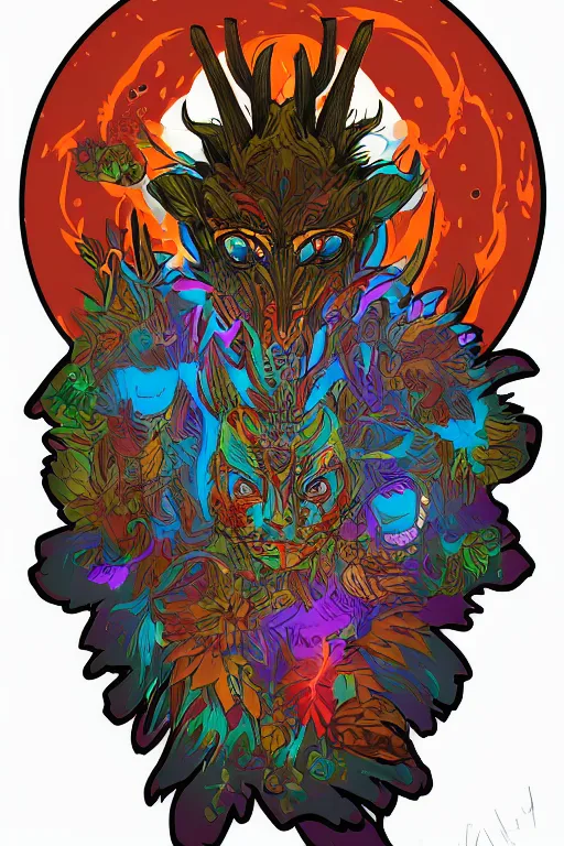 Image similar to animal mask totem roots flower tribal feather gemstone plant wood rock shaman vodoo video game vector cutout illustration vivid multicolor borderlands comics by josan gonzales and dan mumford radiating a glowing aura