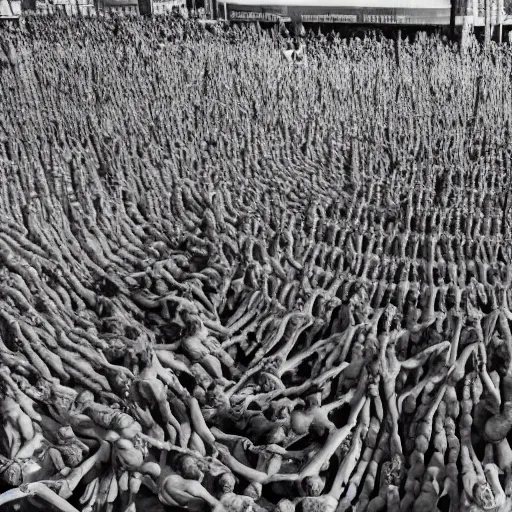 Image similar to hundreds of humans. A sea of humans. interconnected flesh. Crowdcrush. Many humans intertwined and woven together. Bodies and forms amesh. Sculpture by Alberto Giacometti.