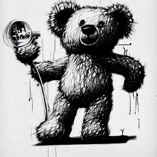 Prompt: grunge cartoon sketch of a teddy bear by - beeple , loony toons style, creepy themed, detailed, elegant, intricate