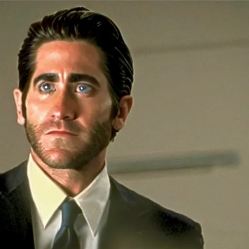 Prompt: film still of Jake Gyllenhaal as Patrick Bateman wearing clear poncho in American Psycho