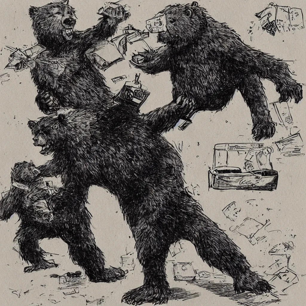 Image similar to style of clark franklyn, a werebear robbing a bank