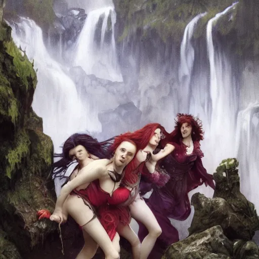 Image similar to an extremely detailed portrait of four polyamorous red haired vampire queens dancing while hiding from a thunderstorm in a cave behind a waterfall, epic fantasy, viewed in profile from far away, sharp focus, detailed face, art by greg rutkowski and alphonse mucha, volumetric lighting, 4 k resolution, trending on artstation, masterpiece