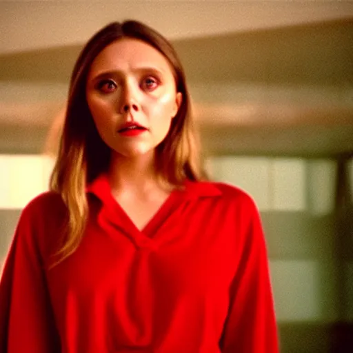 Prompt: Elizabeth olsen angry and pointing with red shirt acting, backrooms, cinematic shot, cinestill 800 t