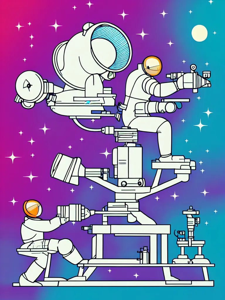 Prompt: ( ( strong dither ) ), editorial illustration scientific lab test tube telescope microscope astronaut, colorful modern, mads berg