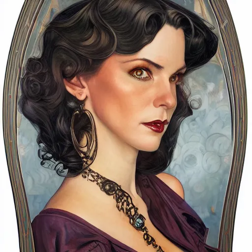 Image similar to an art nouveau, ( streamline moderne ), multi - ethnic portrait in the style of donato giancola and anna dittmann and charles dulac. very large, clear, expressive, and intelligent eyes. symmetrical, centered, ultrasharp focus, dramatic lighting, photorealistic digital matte painting, intricate ultra detailed background.