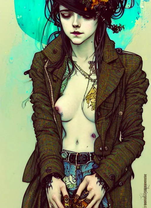 Image similar to highly detailed portrait of a moody sewerpunk young adult lady with a harris tweed holdy by krenz cushart, by artem demura, by alphonse mucha, by kaethe butcher, gradient yellow, black, brown and cyan color scheme, grunge aesthetic!!! ( ( graffiti tag city background ) )