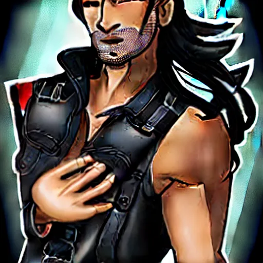 Prompt: a handsome man, in good physical shape, chiseled jaw, 5 o'clock shadow, long black hair in a ponytail, wearing a black leather vest, black leather vest is open, no shirt under the vest, wearing an ammo belt, wearing cargo pants, wearing a gold chain, holding a blaster, grim expression, full body shot, comic book art, realistic looking comic book sketch