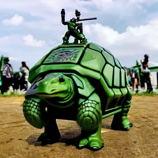 Prompt: a green tortoise with steel cannons on its shoulders shooting milk, style: anime