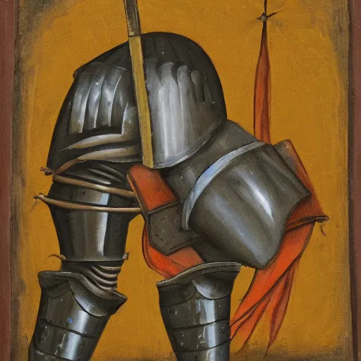 Image similar to medieval armored knight with only one arm and with a bucket on his head, painting