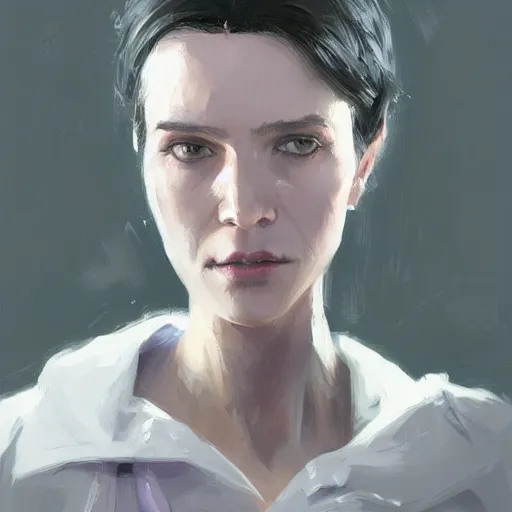 Image similar to portrait of a woman by greg rutkowski, she is about 3 0 years old, messy black bob hair, pale round face, tired eyes, she is wearing a purple nurse jumpsuit, highly detailed portrait, digital painting, artstation, concept art, smooth, sharp foccus ilustration, artstation hq