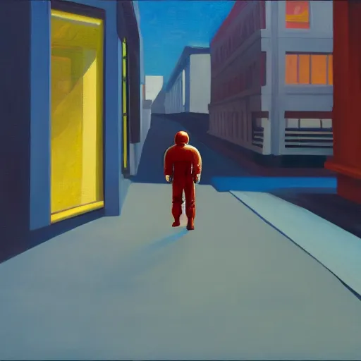 Image similar to o portrait of an astronaut walking down a lonely street, in the style of Edward Hopper, 4k,