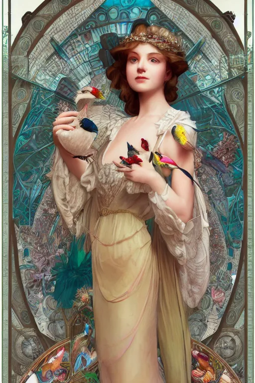 Image similar to 3 d render of english princess holding birds, ornaments, mucha vibe, dieselpunk, solarpunk, artstation