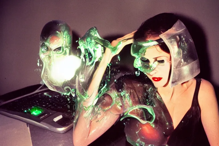 Prompt: handsome alien woman using a computer submerged in translucent goo, in 1 9 8 5, y 2 k cybercore, industrial low - light photography, in the style of terry richardson