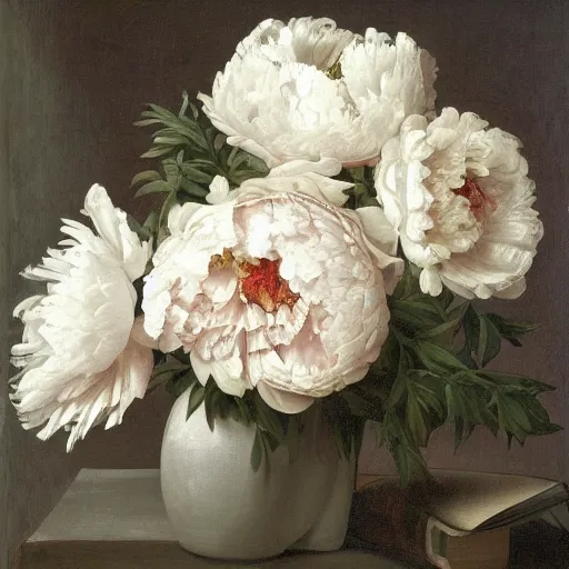 Image similar to atmospheric beautiful bouquet of white delicate peony in the sunny room of his beloved wife, wrote renaissance michelangelo