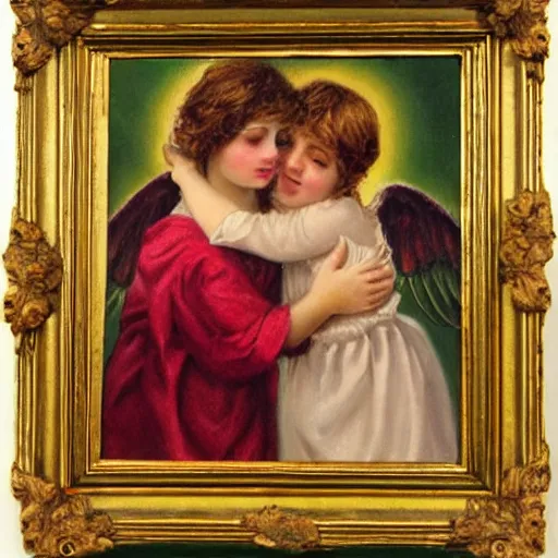 Image similar to 2 angels hugging, victorian painting