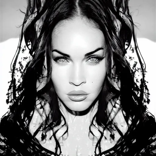 Image similar to megan fox face in beautiful mountains, double - exposure effect, in the style of dan mountford, amazing detail, black and white