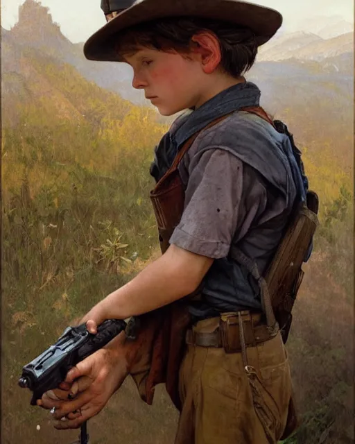 Image similar to side portrait of an Appalachian boy playing with a dusty cap gun, detailed features, dirt, Appalachian mountains, sharp focus, illustration, highly detailed, oil painting, matte, art by Greg Rutkowski and Alphonse Mucha, masterpiece