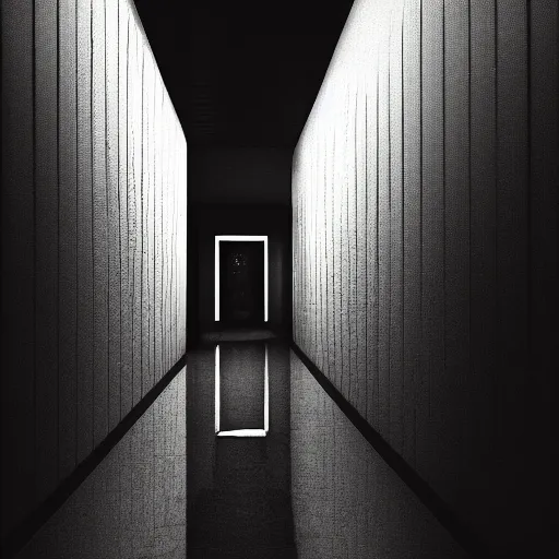 Image similar to photograph of an extremely dark narrow hallway with glowing humanoid cryptid made out of black and white static, dark deep black shadows, red and black color contrast in the style of trevor henderson, liminal space, 3 d octane render, glitch effect