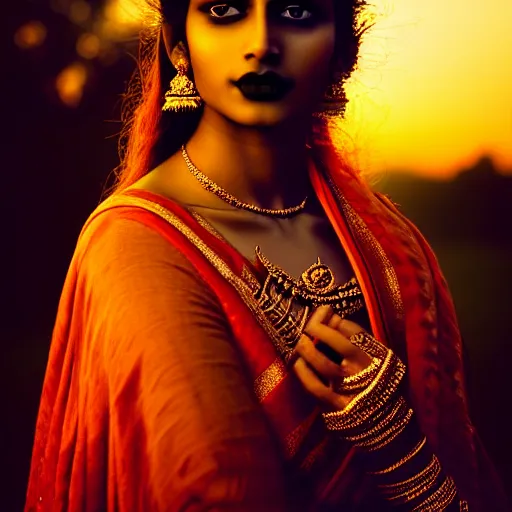 Image similar to photographic portrait of a stunningly beautiful gothic south indian female in soft dreamy light at sunset, contemporary fashion shoot, by edward robert hughes, annie leibovitz and steve mccurry, david lazar, jimmy nelsson, breathtaking, 8 k resolution, extremely detailed, beautiful, establishing shot, artistic, hyperrealistic, beautiful face, octane render