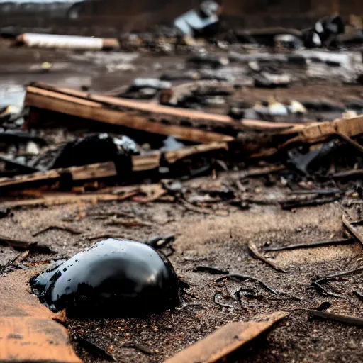 Image similar to mysterious black slime, black gooey liquid leaking out of crashed cargo ship, apocalyptic, ruined, 8 5 mm f / 1. 4