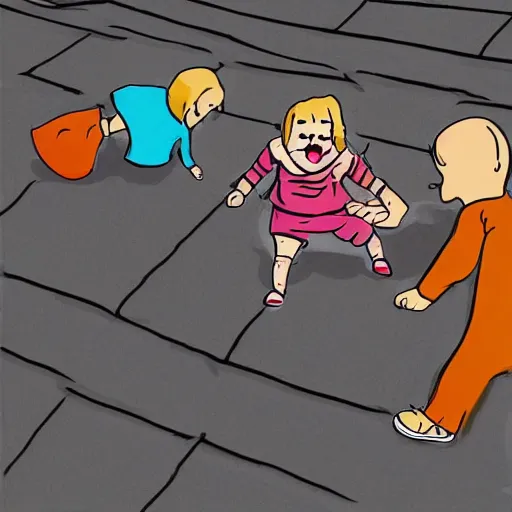 Image similar to digital art, possessed toddler attacking people on the sidewalk, award winning, high quality