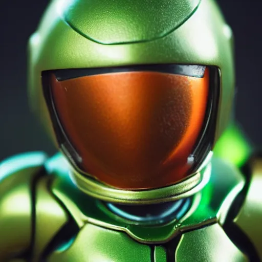 Image similar to helmet portrait of a figurine of samus aran's varia suit from the sci - fi nintendo videogame metroid. red round helmet, orange shoulder pads, green visor. shallow depth of field. suit of armor.